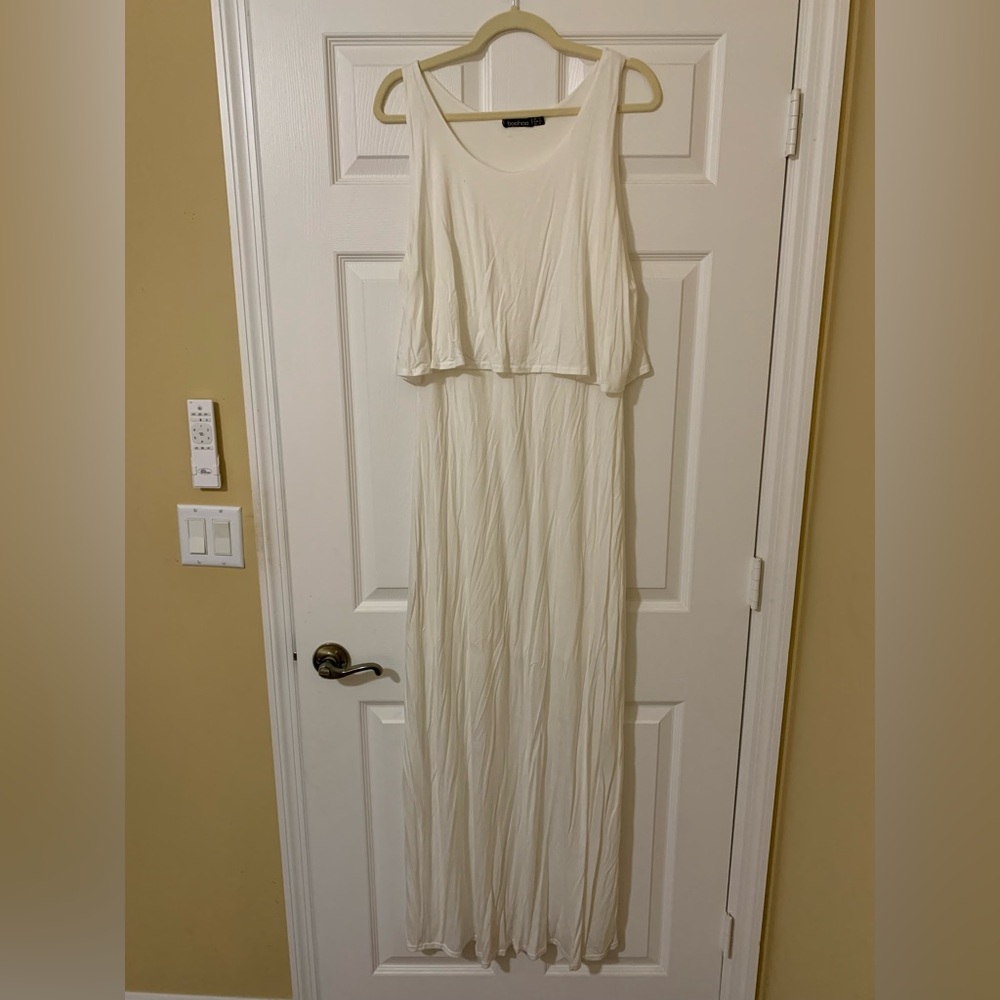 Boohoo White Layered Top Maxi Dress Sz 10 Summer Coastal Cowgirl Cottagecore